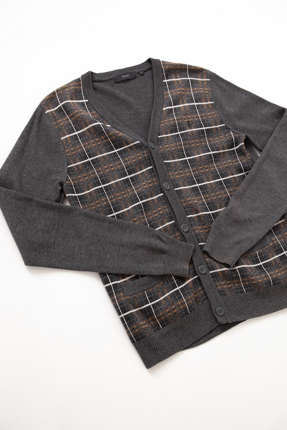 Vintage Plaid Cardigan S | Dark Academia Wool Blend V-Neck Sweater | Charcoal Grey Windowpane Button Up | Men Size S Women M Old Money Style
