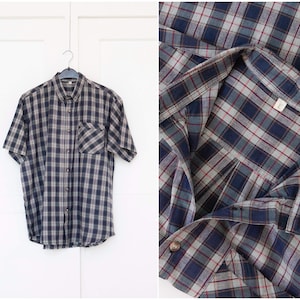 90s Plaid button down shirt men size L, Vintage fine check pattern short sleeve cotton top with chest pocket, Light summer collar overshirt