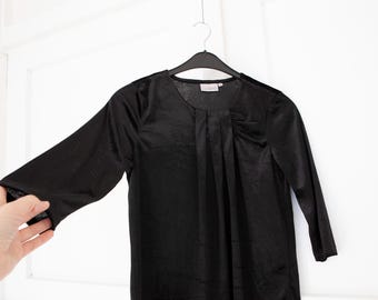 90er Vintage Schwarz Samt Top Plissee Front 3/4 Ärmel Bluse M