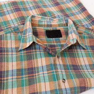 Vintage plaid shirt men size L, 90s short sleeve check button down top, Pastel green checked tartan over shirt with slits and pocket