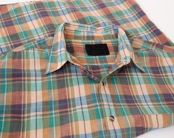 Vintage plaid shirt men size L, 90s short sleeve check button down top, Pastel green checked tartan over shirt with slits and pocket