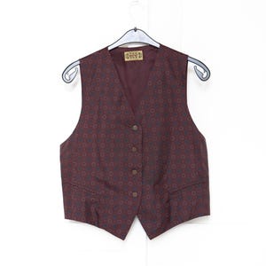 Vintage Geometric Waistcoat Women L, Inspiring Burgundy Silk Vest, 90s Dark Academy Office Goth Gilet, Patterned Suit Vest Cinch Back
