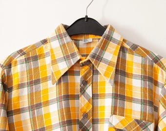 Vintage 90s Green Yellow Flannel Check Short Sleeve Shirt by
