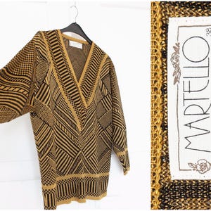 80s Golden  striped sweater men size S, Vintage baggy deep V neck jumper women size 38, M, mustard yellow and black patterned pullover