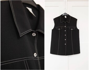 Black waistcoat with white trim womens size XL, Vintage long vest with collar, button down sleeveless top