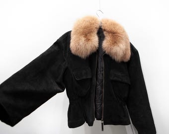 90s Real suede bomber jacket with fur collar womens size M, Vintage Designer quality big shoulder baggy zip up bomber jacket with pockets