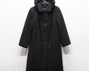 60s Black wool coat with hood women size M, Long button down winter overcoat, lined hooded longline coat with collar and pockets