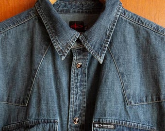 Jaren 90 blauw denim overhemd heren maat XL Vintage katoenen jeanovershirt met korte mouwen en 2 borstzakken