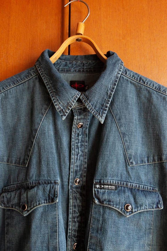 90s Blue Denim Shirt Men Size XL Vintage Snap Closure Short Sleeve