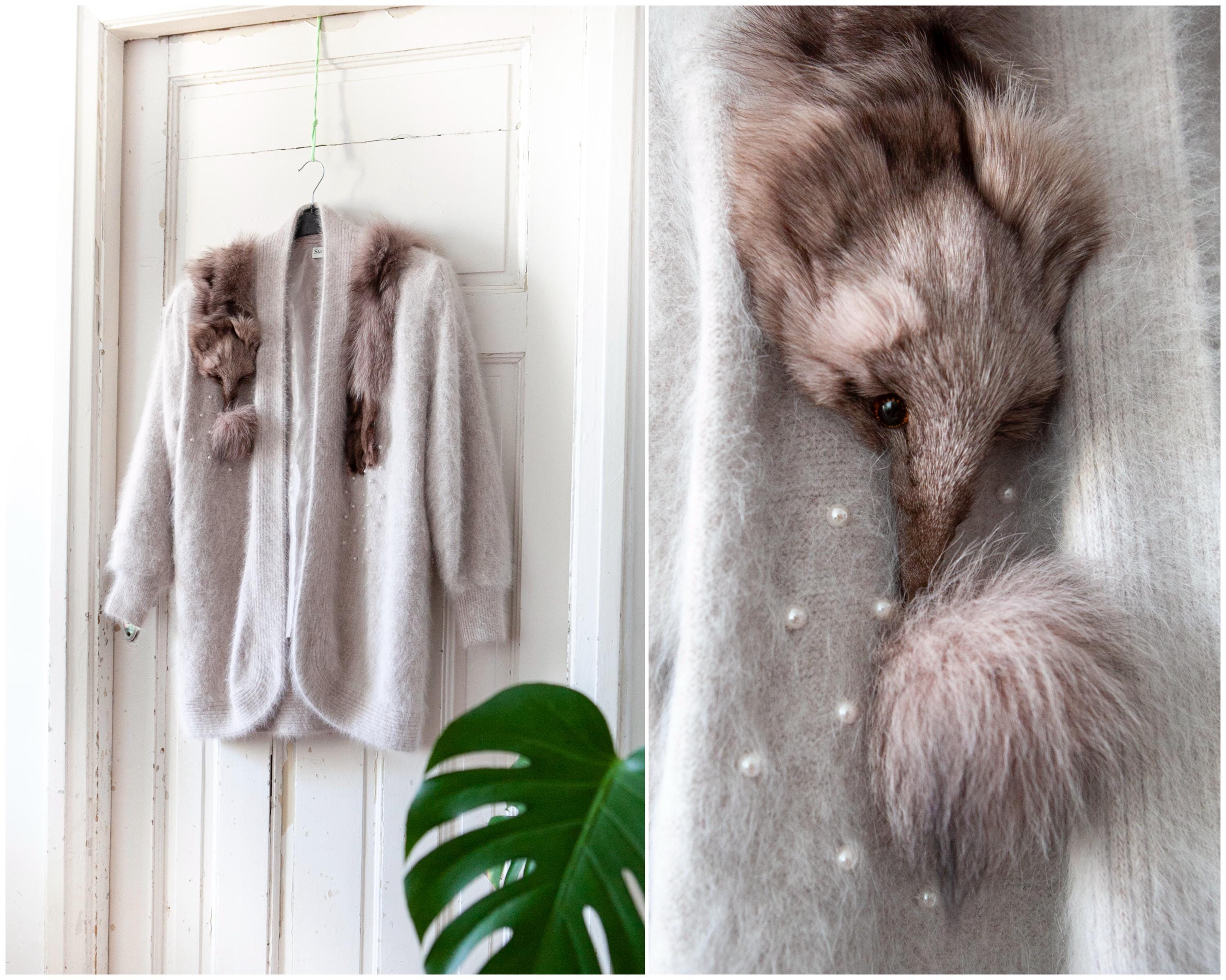 Fluffy Angora cardigan with real silver Fox stole women size M Vintage off white Soft knit jacket coat with fox head and pearl details