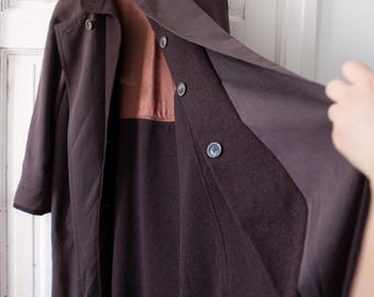 Płaszcz oversize z lat 90., dwuwarstwowy, długi, damski, rozmiar M, brązowy, vintage, z rękawami typu raglan, wełna, kołnierz kaszmirowy, długi płaszcz z kieszeniami