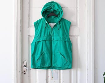 80s 90s style cotton pullover vest with hood men size M, Vintage Teal green canvas utility drop on vest with multiple pockets