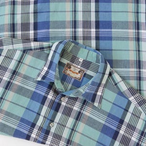 Vintage Plaid button down shirt men size XL Light blue and white check short sleeve summer shirt with pocket Cotton top by Varus & Sons