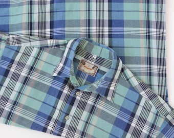 Vintage Plaid button down shirt men size XL Light blue and white check short sleeve summer shirt with pocket Cotton top by Varus & Sons