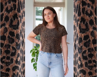90s perfect animal print crop top size S, Vintage semi sheer leopard pattern short sleeve blouse, Black and brown 90s vibe crew neck top
