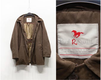 90s Brown Trench coat jacket  men size XXL by Paul R. Smith Vintage faux suede lined parka zip and button front closure, Microsuede jacket