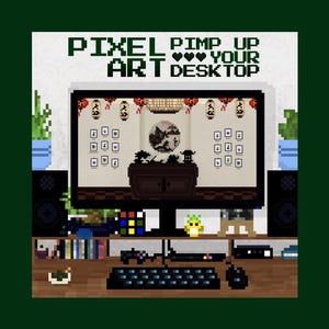 Può includere: Immagine pixel art di un'impostazione desktop con un monitor che mostra una scena di ispirazione asiatica. Il testo "PIXEL ART PIMP UP YOUR DESKTOP" è in alto. Tastiera, mouse, altoparlanti e altri accessori sono visibili.