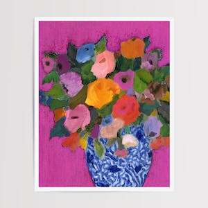 シノワズリの花瓶に飾られた多色の花束のファインアート紙プリント - 明るくカラフルな花のアート + 芸術的な室内装飾 (フレームなし)