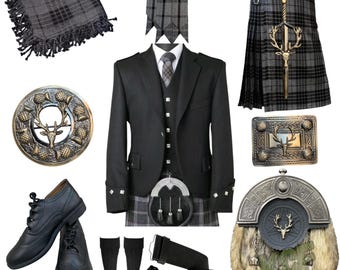 Skotsk herrkilt med hjorthuvud, 12 delar, Argyle-jacka, väst, kiltset, traditionell bröllopskilt, finns i över 50 klantartaner