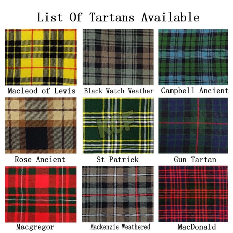 Op de afbeelding: Een grafiek met negen verschillende tartanpatronen, elk met een naam eronder. De tartans omvatten MacLeod of Lewis, Black Watch Weather, Campbell Ancient, Rose Ancient, St Patrick, Gun Tartan, MacGregor, Mackenzie Weathered en MacDonald.