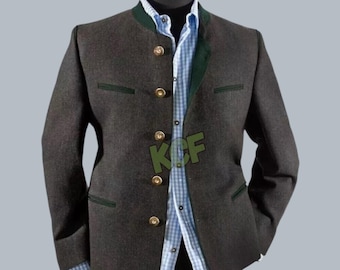 May include: A dark gray blazer with a green velvet collar and gold buttons. The blazer has a stand-up collar and two pockets.