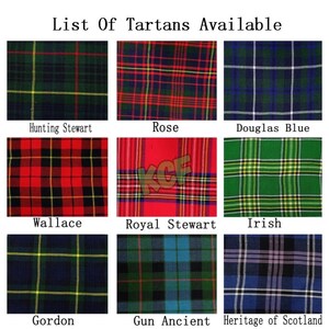 Op de afbeelding: Een tabel met negen verschillende tartanpatronen, elk met een naam eronder. De tartans omvatten Hunting Stewart, Rose, Douglas Blue, Wallace, Royal Stewart, Irish, Gordon, Gun Ancient en Heritage of Scotland.