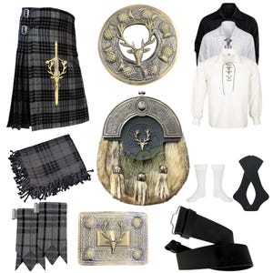 Conjunto de 10 piezas de kilt con cabeza de ciervo antiguo para hombre, traje de kilt de boda escocés, traje tradicional de kilt, disponible en más de 50 tartanes de clan.