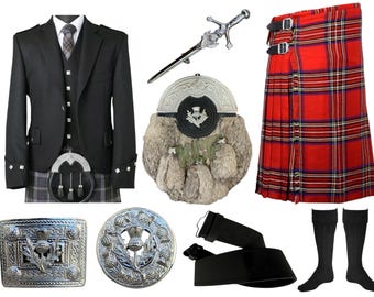 May include: A collection of Scottish Highland attire, including a black jacket, vest, and kilt. The kilt is red with a plaid pattern. Accessories include a sporran, sgian-dubh, belt, buckle, and black socks. The items are displayed on a white background.