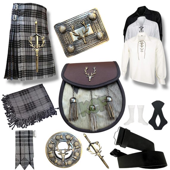 Antique Stag Head Kilt Outfit, Men's Scottish Kilt Set 11 Pieces Traditional Tartan Wedding Kilt Set Available in 50+ Clan Tartans