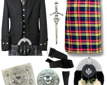 Men's Highland Wedding Kilt Outfit 9 Pieces Argyll Jacket Vest Kilt Set Scottish Thistle Wedding Kilt Set Available in 50+ Clan Tartans