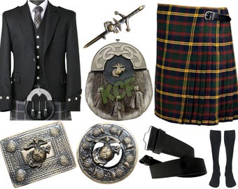 Scottish Men's USMC Kilt Outfit - 9 Pieces Kilt Set - Argyle Jacket Wedding Kilt Set - Antique United States Marine Corps Outfit 50+ Tartans