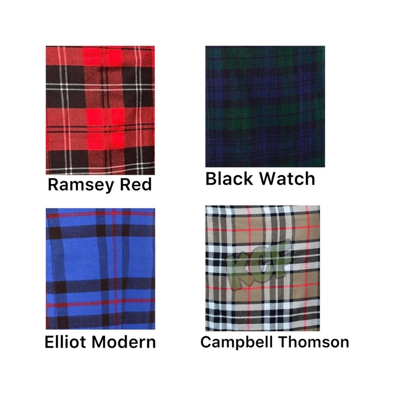 Op de afbeelding: Vier verschillende ruitpatronen in rood, blauw, groen en bruin. De patronen zijn gelabeld met "Ramsey Red", "Black Watch", "Elliot Modern" en "Campbell Thomson".