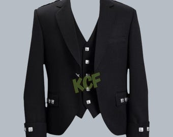 Men's Scottish Black Argyle Kilt Jacket Vest Highland Traditional Wedding Argyll Kilt Jacket With 5 Buttons Vest