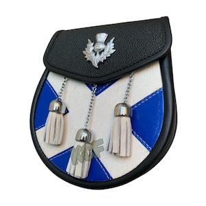 Herren Scottish Kilt Sporran Distel Abzeichen Saltire Flagge Sporran Drei Quaste Sporran mit Kettengürtel