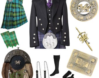 Men's Prince Charlie Kilt Outfit Scottish Wedding Kilt Set Antique Welsh Dragon Kilt Outfit Available in 50+ Clan Tartans