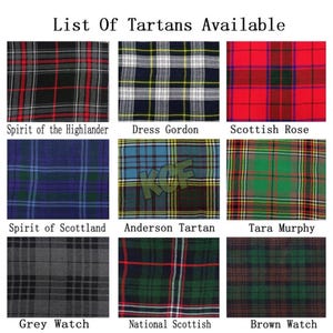 Op de afbeelding: Een collage van negen verschillende tartanpatronen, elk met een naam eronder. De tartans omvatten "Spirit of the Highlander", "Dress Gordon", "Scottish Rose", "Spirit of Scotland", "Anderson Tartan", "Tara Murphy", "Grey Watch", "National Scottish" en "Brown Watch".