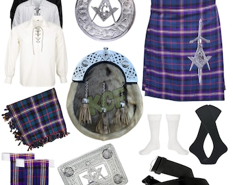 Conjunto de 10 piezas de kilt escocés para hombre, conjunto de kilt masónico, conjunto de kilt para boda en las Tierras Altas, disponible en más de 50 tartanes de clan.