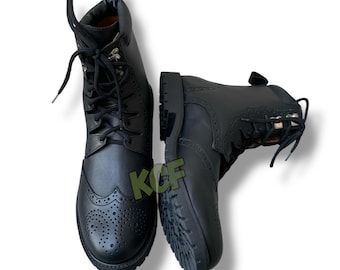 Scottish Men's Ghillie Brogues Boots Handmade Kilt Boots Black Leather Long Kilt Boots Available in Rubber & Leather Sole
