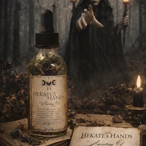 May include: A clear glass bottle labeled "Hekate's Hands Anointing Oil" with a black dropper, filled with herbs. The image features a person in a dark cloak with torches in a forest setting. A book and a sign with the same text are also visible.
