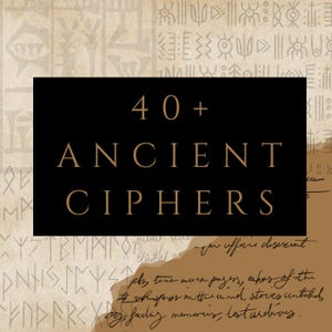 May include: A graphic design with the text "40+ ANCIENT CIPHERS" in a serif font on a black rectangle. The background features a parchment-like texture with ancient symbols and handwritten script.