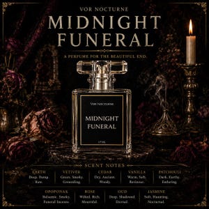 May include: A perfume bottle with the text "MIDNIGHT FUNERAL" and "VOR NOCTURNE" on a dark background. The bottle is 1.7 oz. and has a silver cap. Scent notes include Earth, Vetiver, Cedar, Vanilla, Patchouli, Opoponax, Rose, Oud, and Jasmine.