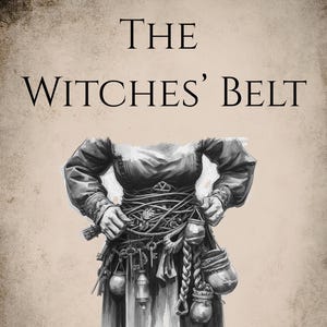 May include: A black and white illustration of a witch's belt, adorned with keys, jars, and pouches. The text "THE WITCHES' BELT" is above the belt. The artwork has a vintage style, with a focus on the intricate details of the belt.