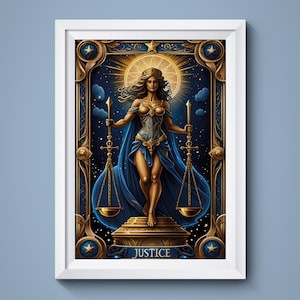 Tarotkaartillustratie, The Justice Card, Evenwichtige schalen van Justitie, mystieke sfeer, tarotkunst aan de muur, tarotposter, digitale kunst