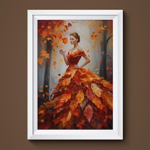 Oil painting, Woman in dress made of leaves, Orange autumn tones, Printable Wall Art, Home decor, Digital art download