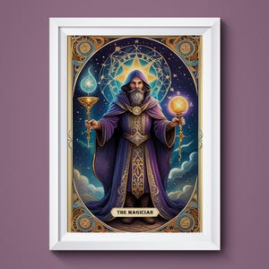 Arte de parede de tarô, carta do mágico, pôster de tarô, cores vibrantes, atmosfera mística, detalhes intrincados, arte digital para impressão