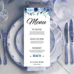 Modelo de menu de casamento floral Midnight Sky | Casamento com script elegante | Cartão de menu | 4x9 e 5x7 | Download instantâneo editável -ChocoRoseCreation