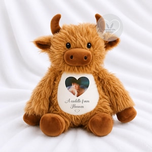 Könnte beinhalten: Ein Highland-Rind-Plüschtier mit zotteligem braunem Fell, zwei Hörnern und einem weißen Fleck auf der Brust. Der Fleck zeigt ein herzförmiges Foto einer Person und den aufgedruckten Text A cuddle from Heaven mit einem kleinen Herzsymbol.