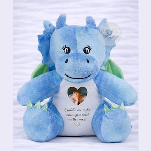 May include: A plush blue dragon with green wings and accents. The dragon has a heart-shaped image on its chest with the text "Cuddle me tight when you need me the most" and a heart symbol.