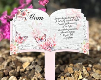 Marcador de tumba de libro abierto con forma de mariposa/ Marcador de tumba de libro/ Recuerdo de mamá/ Placa conmemorativa/ Placa conmemorativa de libro abierto