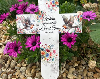 Robins Appear Cross Grave Marker| Graveside Marker| Personalised Grave Cross| Headstone Marker| Cross Grave marker| Remembrance Grave Plaque